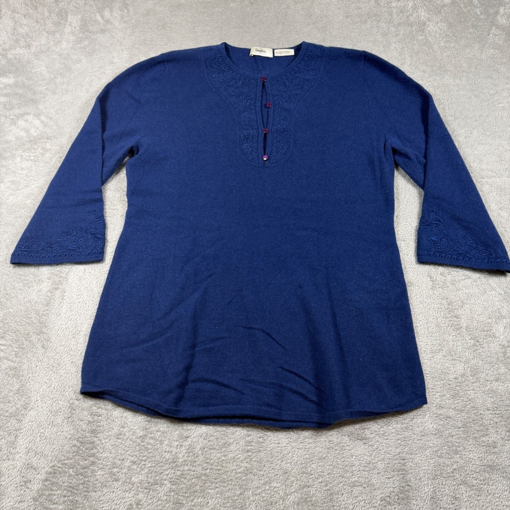Neiman Marcus Cashmere Top Women Large Blue Embroidered 3/4 Sleeve‎ Button